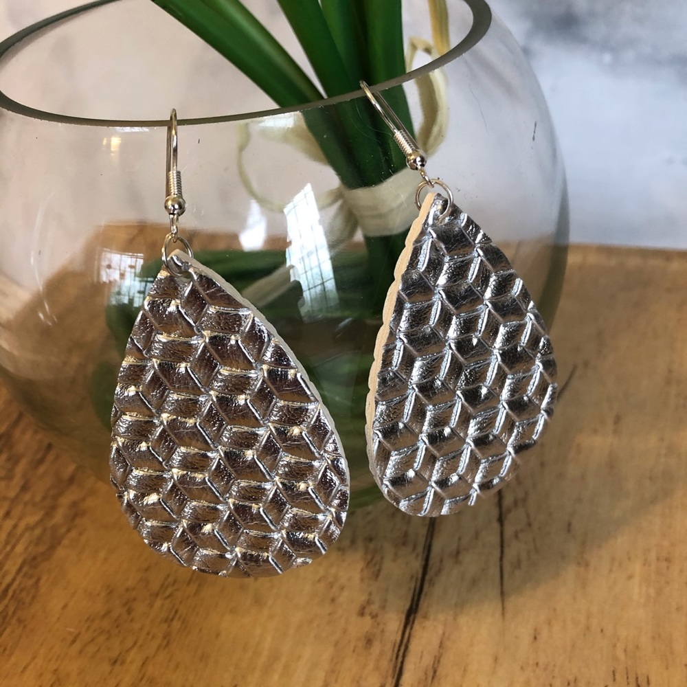 Faux Leather Metallic Silver Teardrop Earrings